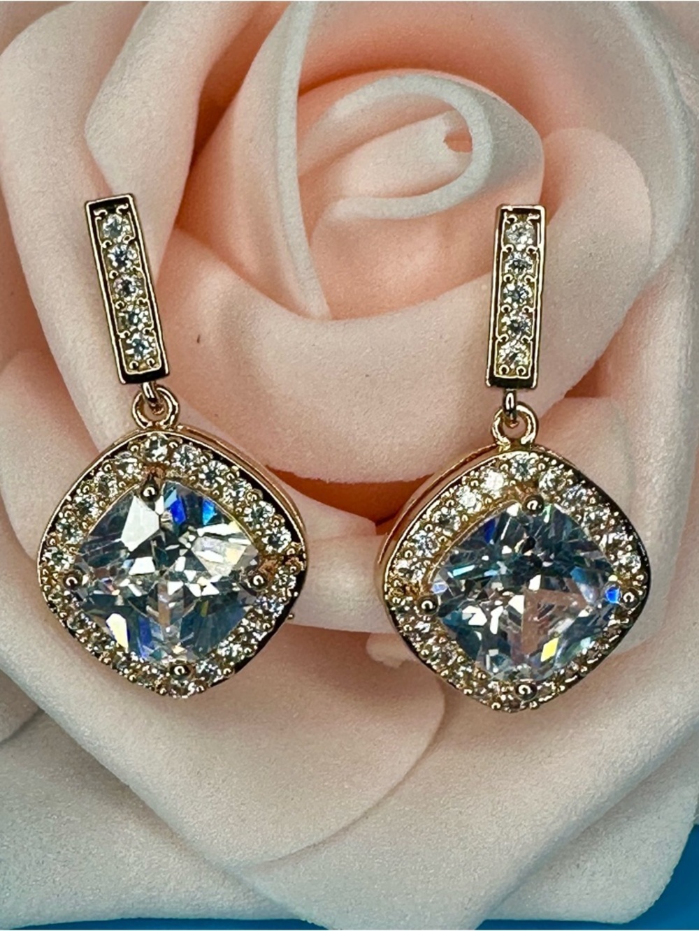 Vivace Gold CZ Drop Earrings Cushion Cut Wedding Bridal NWT